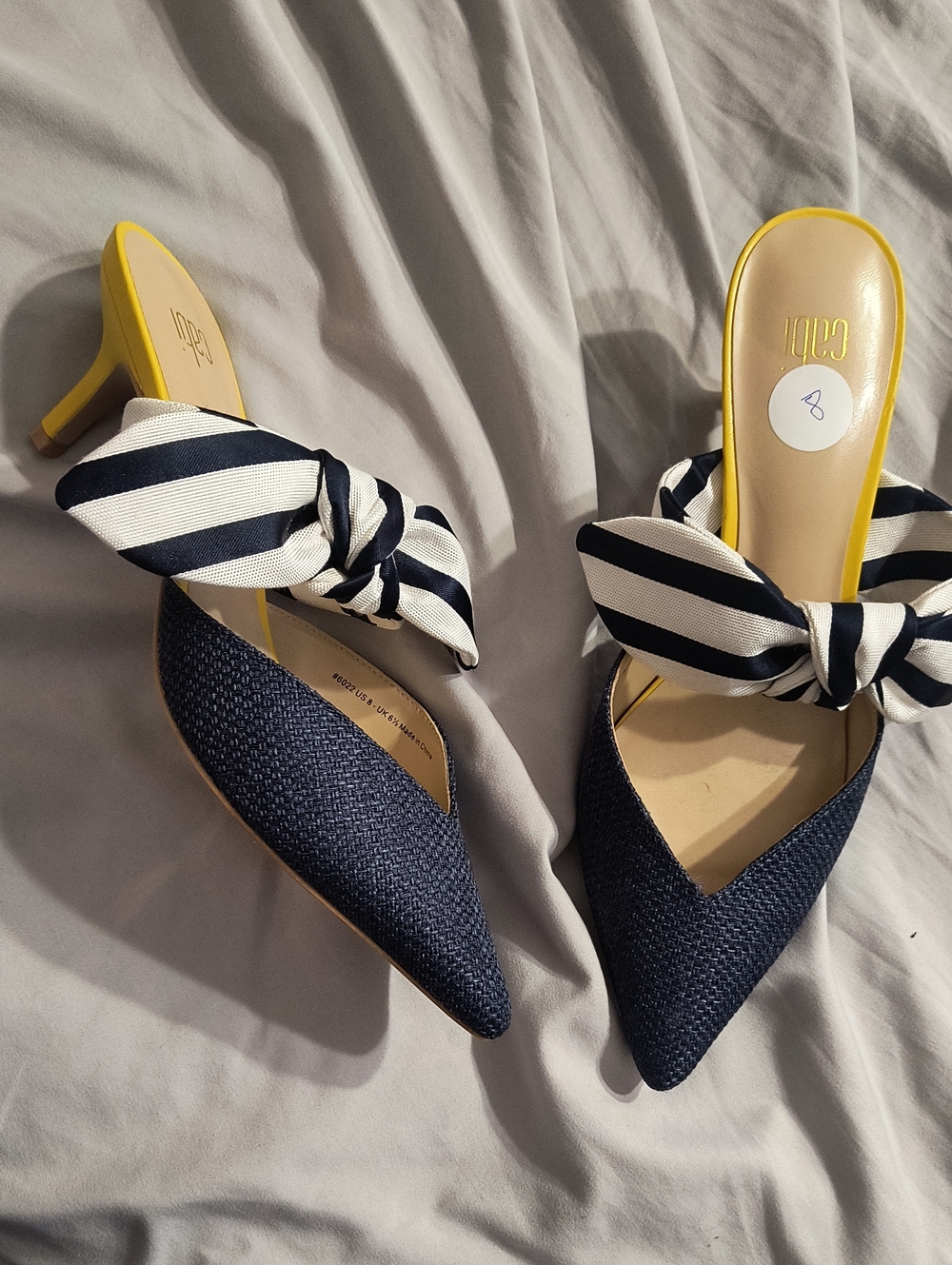 Cabi Navy Pointed Mule with Yellow And Navy & White Striped Knot, Great Shape